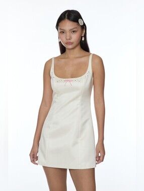 SANDY LIANG Perla Bow & Rhinestone Satin Mini Dress In Champagne US 4 Org $595
